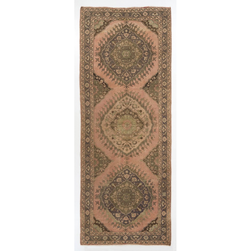Vintage Runner Rug for Kitchen, Handmade Hallway Rug with Geometric Tri-Medallions, Oushak Stair Rug in Natural Colors