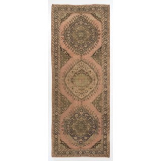 Vintage Runner Rug for Kitchen, Handmade Hallway Rug with Geometric Tri-Medallions, Oushak Stair Rug in Natural Colors