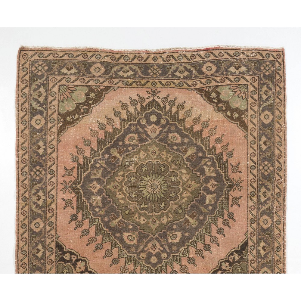 Vintage Runner Rug for Kitchen, Handmade Hallway Rug with Geometric Tri-Medallions, Oushak Stair Rug in Natural Colors