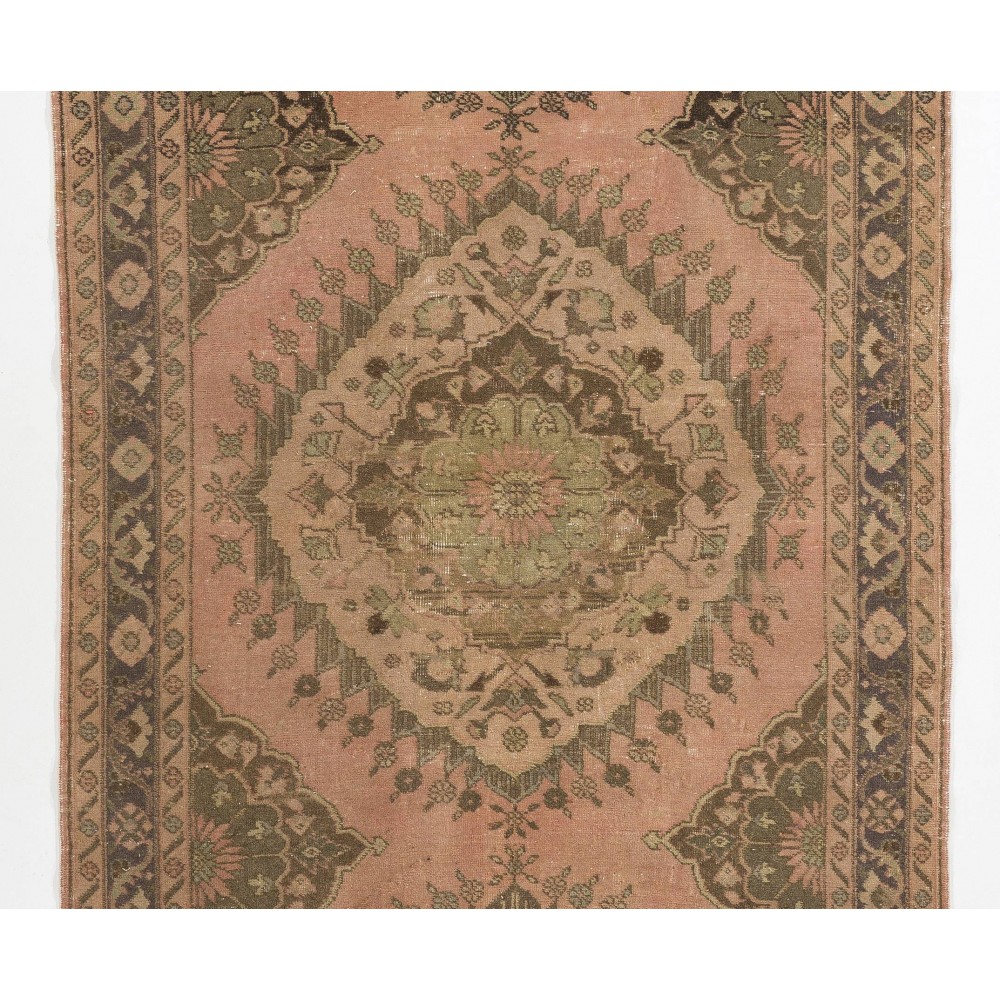Vintage Runner Rug for Kitchen, Handmade Hallway Rug with Geometric Tri-Medallions, Oushak Stair Rug in Natural Colors