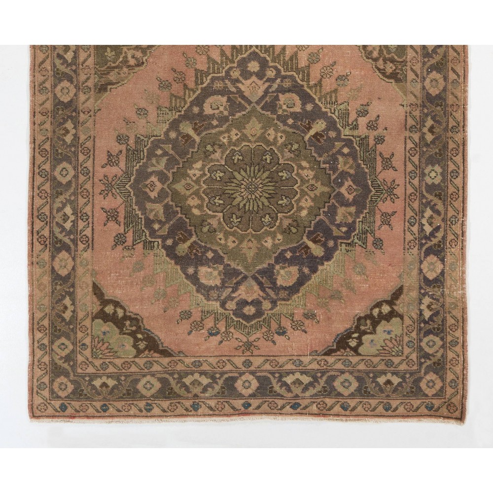 Vintage Runner Rug for Kitchen, Handmade Hallway Rug with Geometric Tri-Medallions, Oushak Stair Rug in Natural Colors