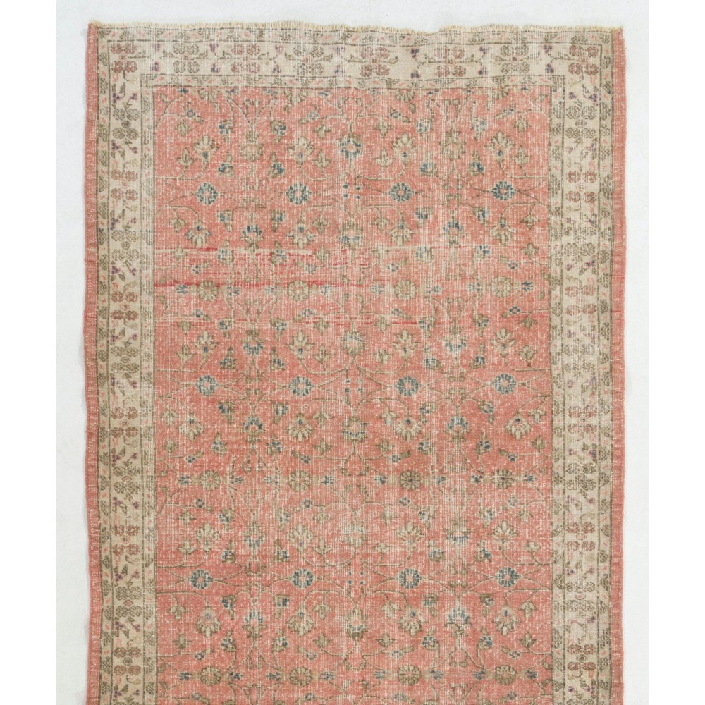 Vintage Floral Turkish Carpet Runner in Red & Beige, Handmade Wool Rug