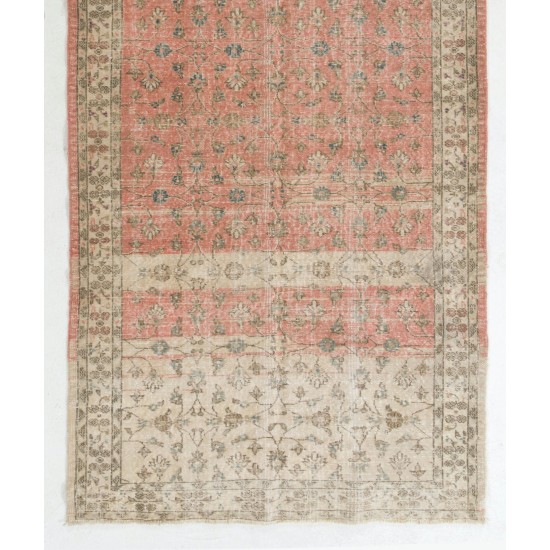 Vintage Floral Turkish Carpet Runner in Red & Beige, Handmade Wool Rug