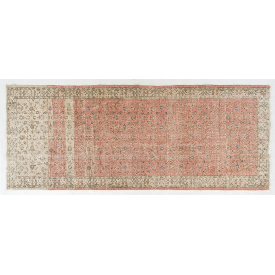 Vintage Floral Turkish Carpet Runner in Red & Beige, Handmade Wool Rug