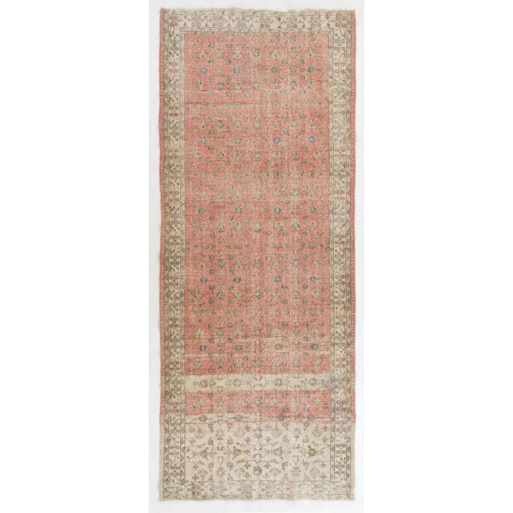 Vintage Floral Turkish Carpet Runner in Red & Beige, Handmade Wool Rug