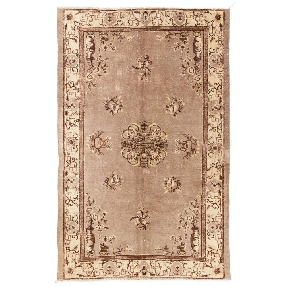 Art Deco Chinese Rug in Soft Faded Taupe, Brown and Beige Colors