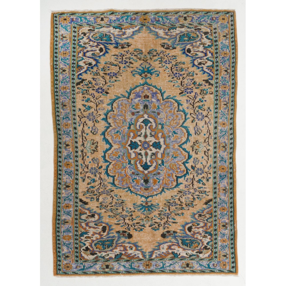 Vintage Handmade Turkish High and Low Pile Rug with a Medallion Design