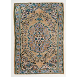 Vintage Handmade Turkish High and Low Pile Rug with Medallion Design