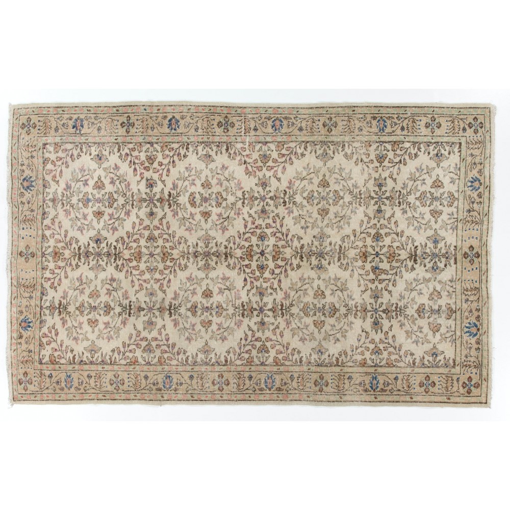 Vintage Floral Design Turkish Area Rug in Neutral Colors. Woolen Handmade Carpet