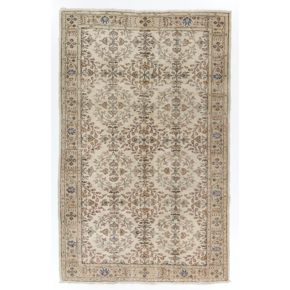 Vintage Floral Design Turkish Area Rug in Neutral Colors. Woolen Handmade Carpet