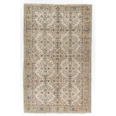 Vintage Floral Design Turkish Area Rug in Neutral Colors. Woolen Handmade Carpet