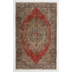 Vintage Handknotted Turkish Wool Area Rug in Muted Red & Taupe with Medallion Design
