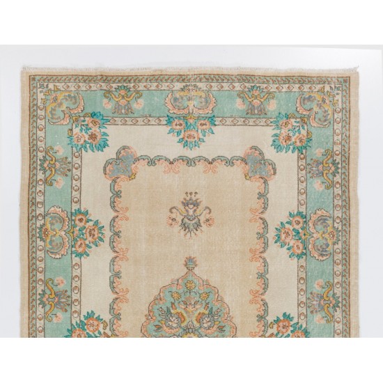 Fine MidCentury French Style Rug in Light Turquoise, Green, Pink and Sand Colors