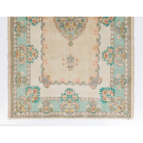 Fine MidCentury French Style Rug in Light Turquoise, Green, Pink and Sand Colors
