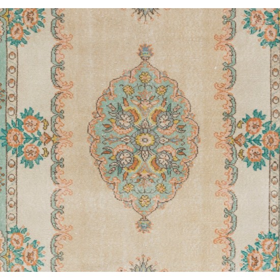 Fine MidCentury French Style Rug in Light Turquoise, Green, Pink and Sand Colors