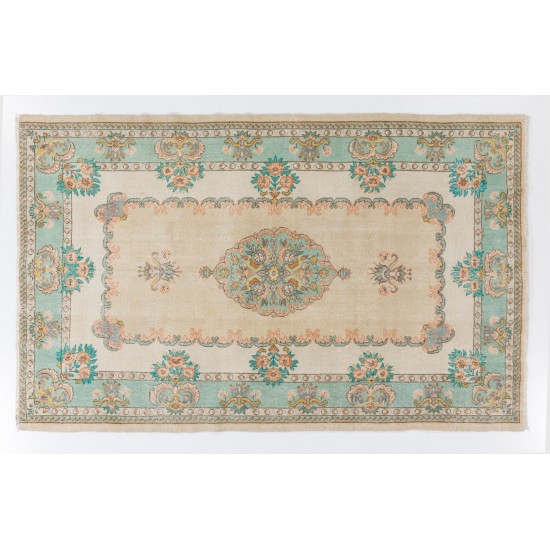 Fine MidCentury French Style Rug in Light Turquoise, Green, Pink and Sand Colors