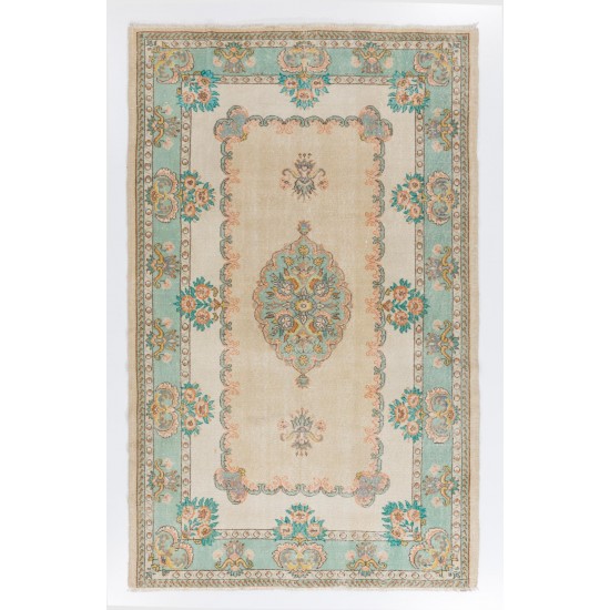 Fine MidCentury French Style Rug in Light Turquoise, Green, Pink and Sand Colors