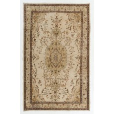Vintage Handknotted Turkish Wool Area Rug in Chocolate Brown & Ivory with Camel Medallion Design