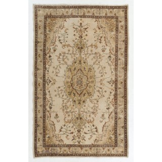 Vintage Handknotted Turkish Wool Area Rug in Chocolate Brown & Ivory with Camel Medallion Design