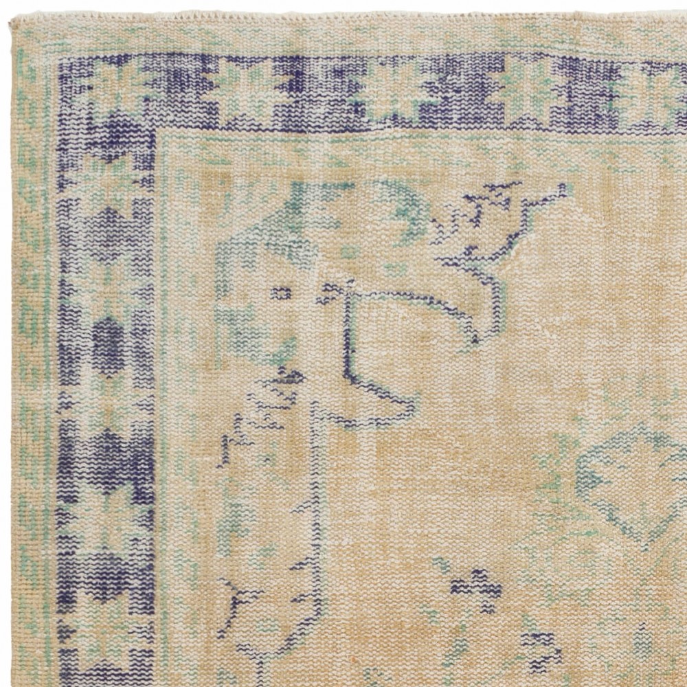 Vintage Handknotted Turkish Wool Area Rug in Beige, Sage Green and Blue