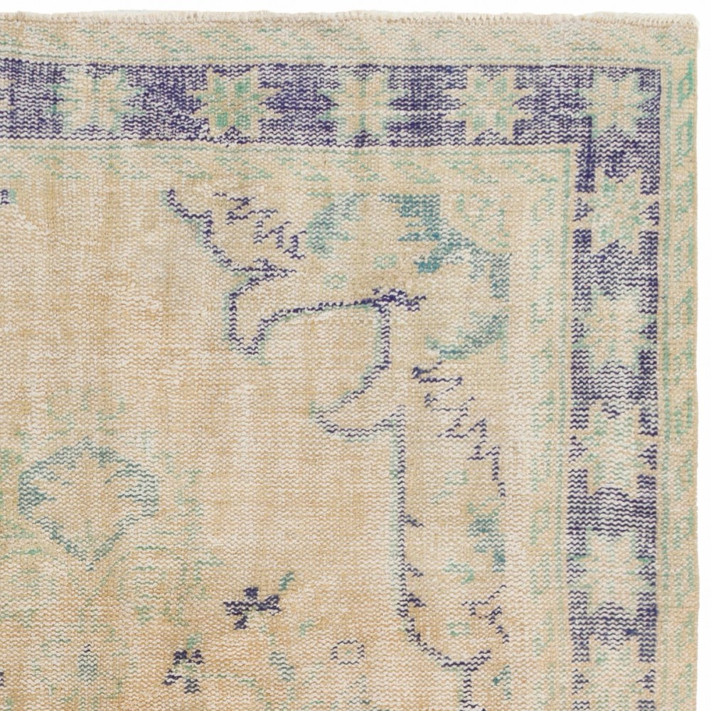 Vintage Handknotted Turkish Wool Area Rug in Beige, Sage Green and Blue
