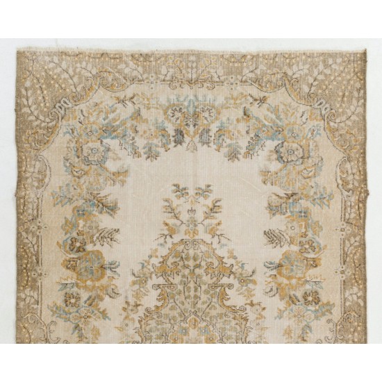 Hand-knotted Vintage Medallion Design Anatolian Rug in Neutral Colors