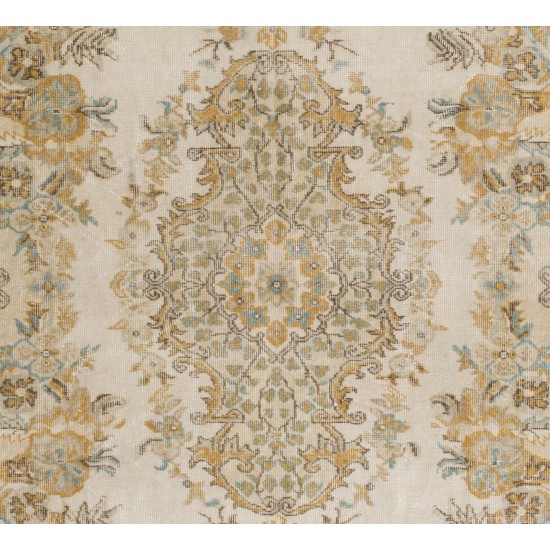 Hand-knotted Vintage Medallion Design Anatolian Rug in Neutral Colors