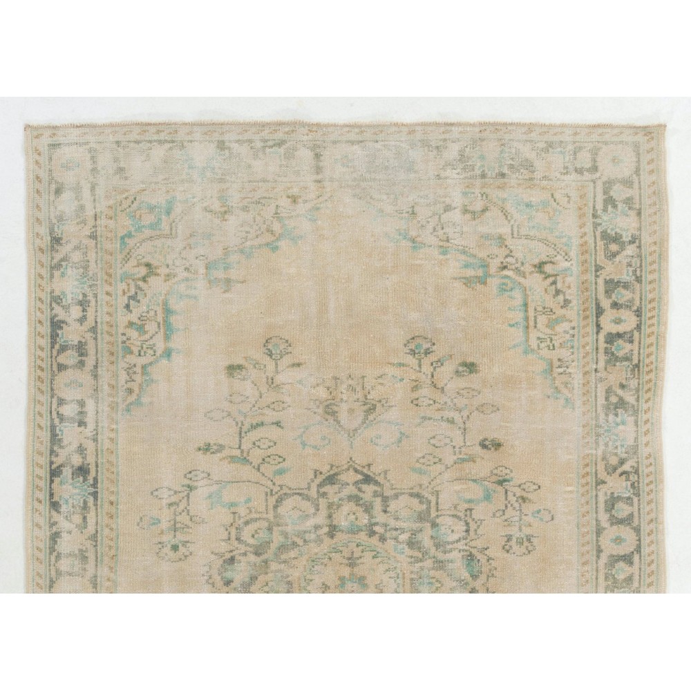Vintage Handmade Turkish Wool Area Rug in Green and Beige