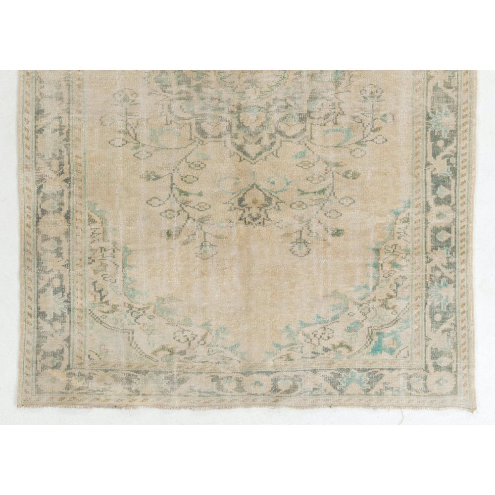 Vintage Handmade Turkish Wool Area Rug in Green and Beige