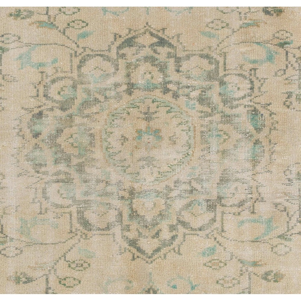 Vintage Handmade Turkish Wool Area Rug in Green and Beige