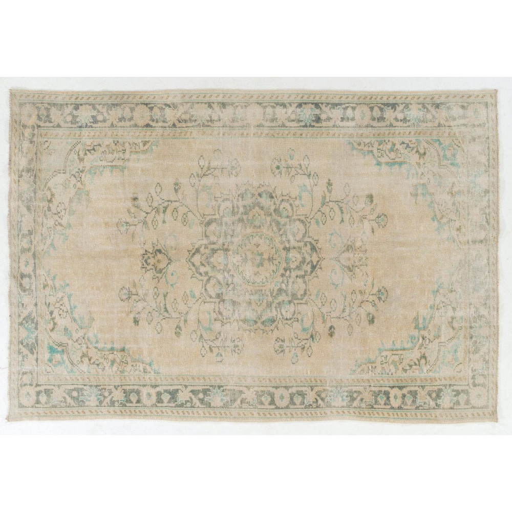 Vintage Handmade Turkish Wool Area Rug in Green and Beige
