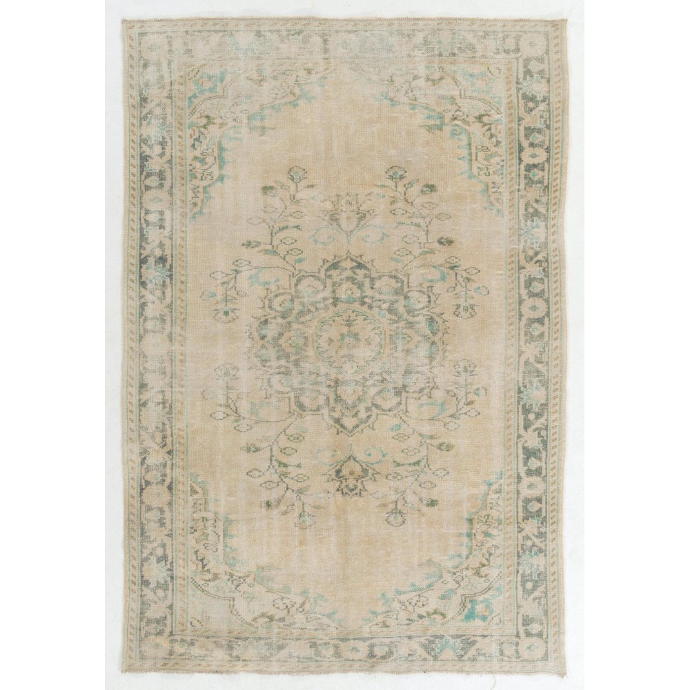 Vintage Handmade Turkish Wool Area Rug in Green and Beige