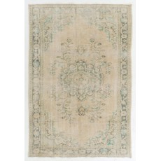 Vintage Handmade Turkish Wool Area Rug in Green and Beige