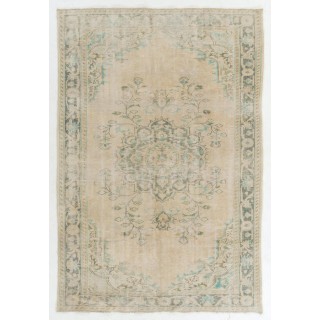 Vintage Handmade Turkish Wool Area Rug in Green and Beige
