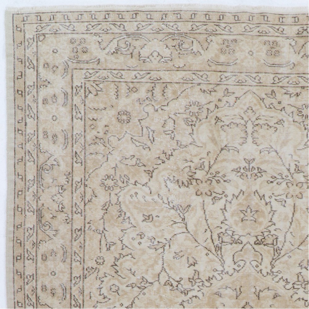 Vintage Distressed Handmade Wool Turkish Rug in Soft Neutral Colors