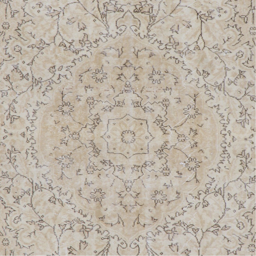 Vintage Distressed Handmade Wool Turkish Rug in Soft Neutral Colors