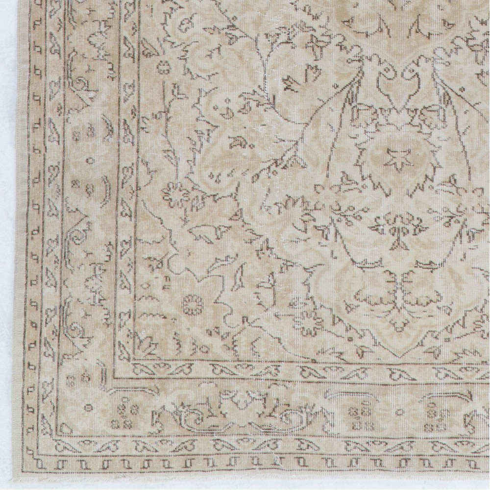 Vintage Distressed Handmade Wool Turkish Rug in Soft Neutral Colors