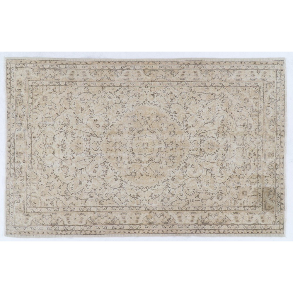 Vintage Distressed Handmade Wool Turkish Rug in Soft Neutral Colors