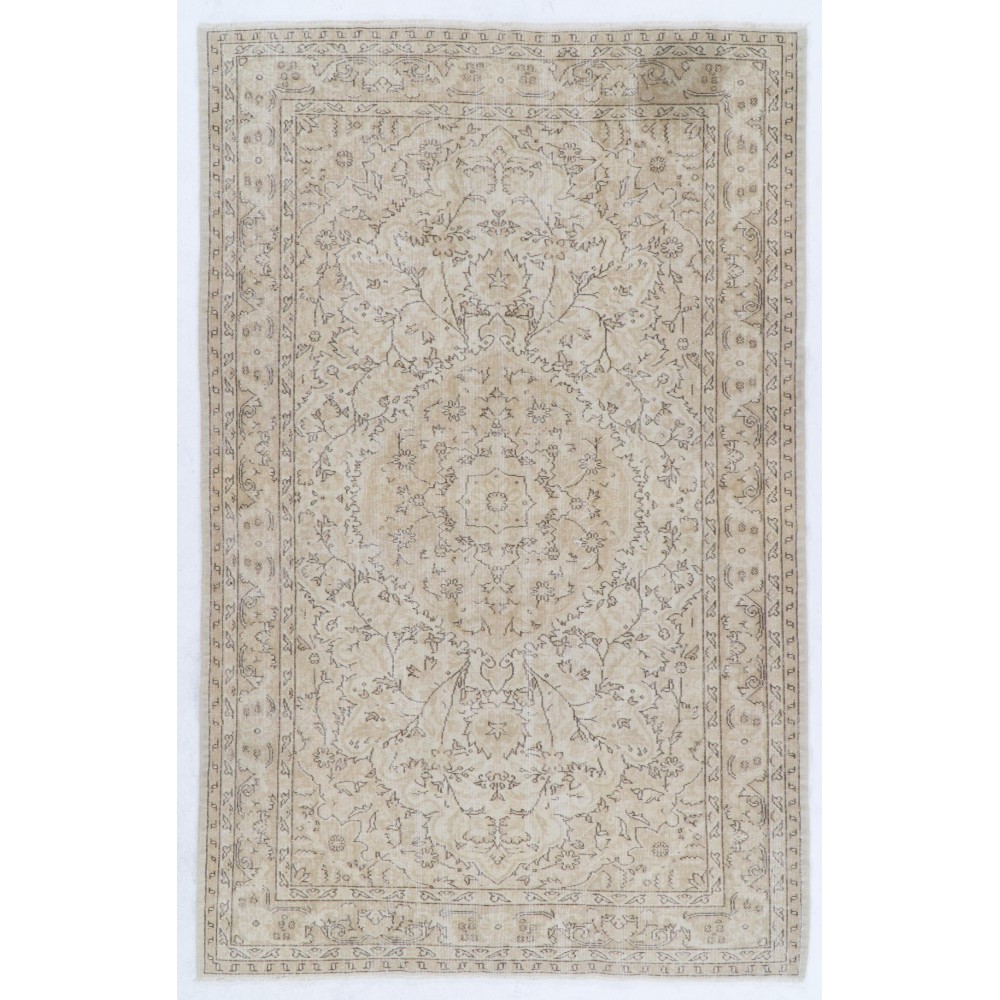 Vintage Distressed Handmade Wool Turkish Rug in Soft Neutral Colors