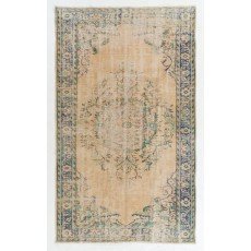 Vintage Handknotted Turkish Oushak Area Rug in Muted Melon, Turquoise & Sage Green with Medallion Design