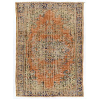 Vintage Distressed Handknotted Turkish Oushak Area Rug in Muted Rust, Sage Green & Cream with Medallion Design