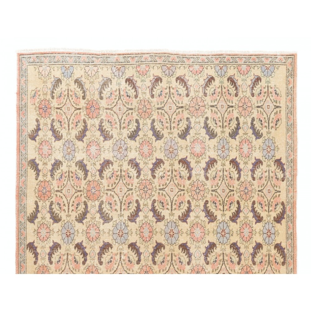 Vintage Handmade Floral Pattern Turkish Deco Area Rug in Soft Colors
