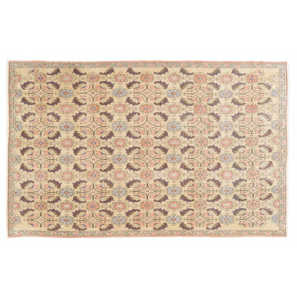 Vintage Handmade Floral Pattern Turkish Deco Area Rug in Soft Colors