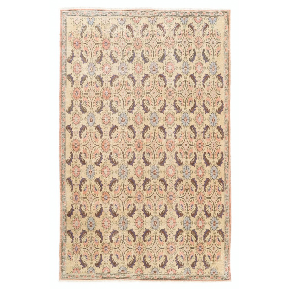 Vintage Handmade Floral Pattern Turkish Deco Area Rug in Soft Colors