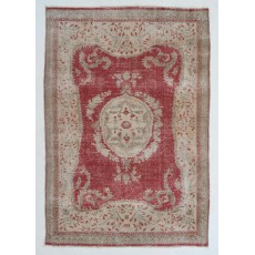 Vintage Handknotted Turkish Wool Area Rug in Terracotta Red, Ivory & Beige with Floral Medallion