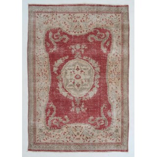 Vintage Handknotted Turkish Wool Area Rug in Terracotta Red, Ivory & Beige with Floral Medallion
