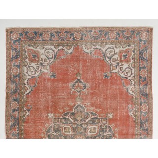 Vintage Distressed Turkish Oushak Rug with Medallion Design, Coral Red & Navy Blue Colors Vintage Distressed Turkish Oushak Rug with Medallion Design, Coral Red & Navy Blue Colors