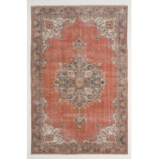 Vintage Distressed Turkish Oushak Rug with Medallion Design, Coral Red & Navy Blue Colors