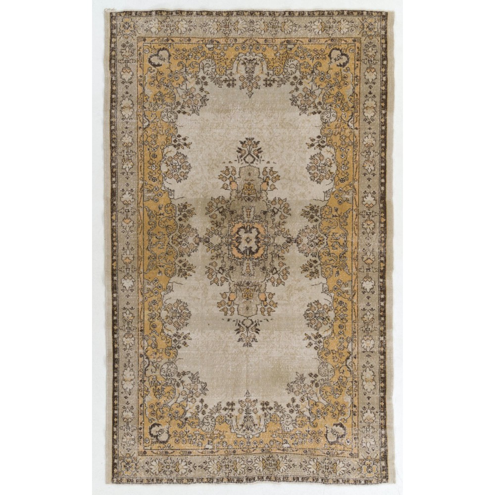 Fine Vintage Handmade Turkish Rug in Light Gray, Brown, Rust and Beige Colors.