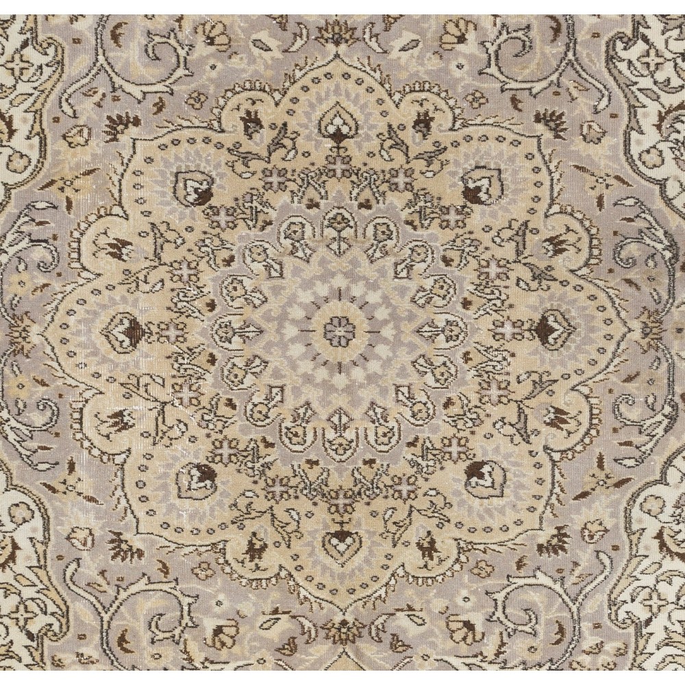 Hand Knotted Vintage Medallion Design Anatolian Rug in Neutral Colors